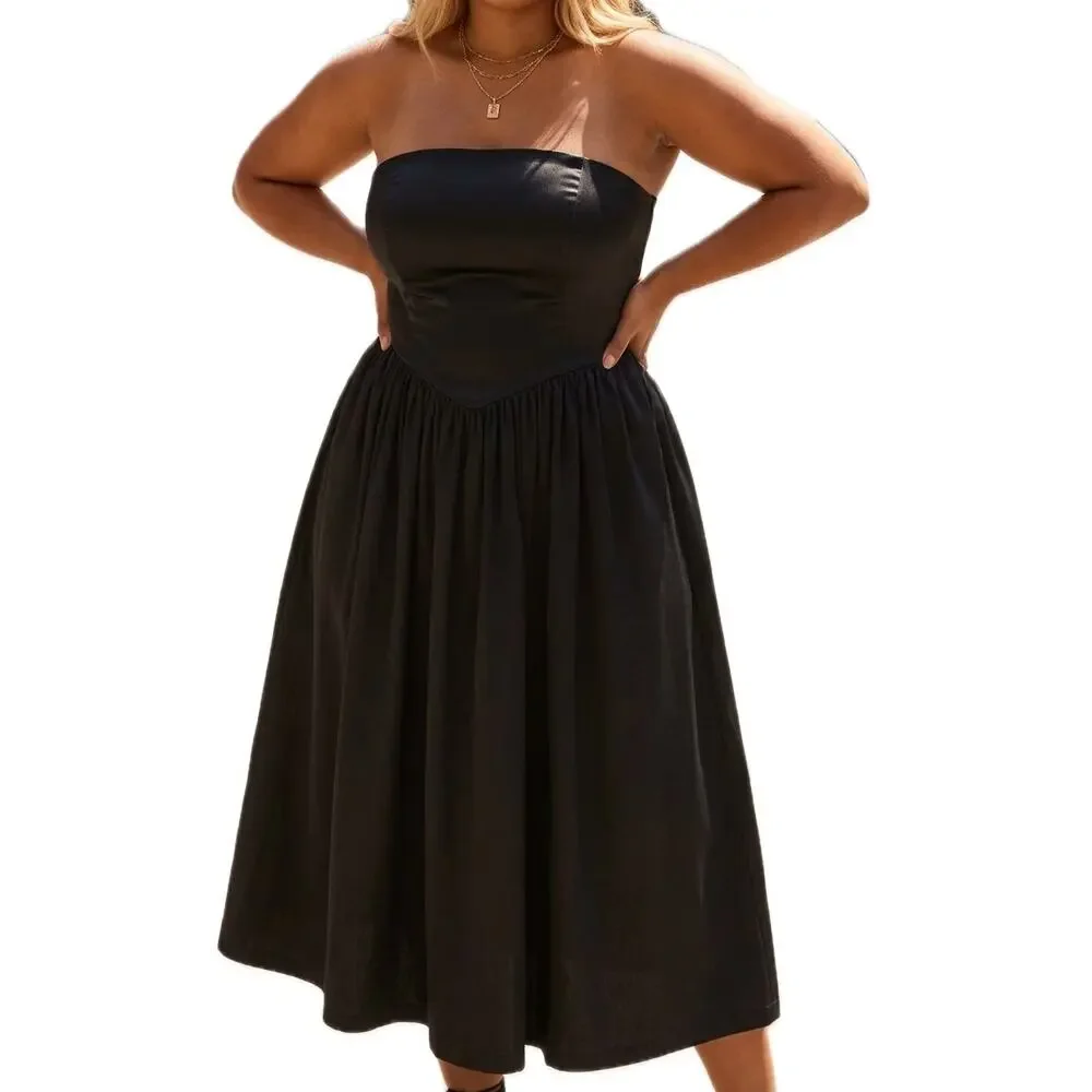 Strapless Basque-Waist A-Line Midi Dress by Anthropologie in Black, Size: 1X Strapless Basque-Waist A-Line Midi Dress by Anthropologie in Black, Size: 1X